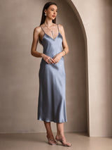 [Grayish Blue] SilkSilky-CA Spaghetti Strap V Neck Dress 004