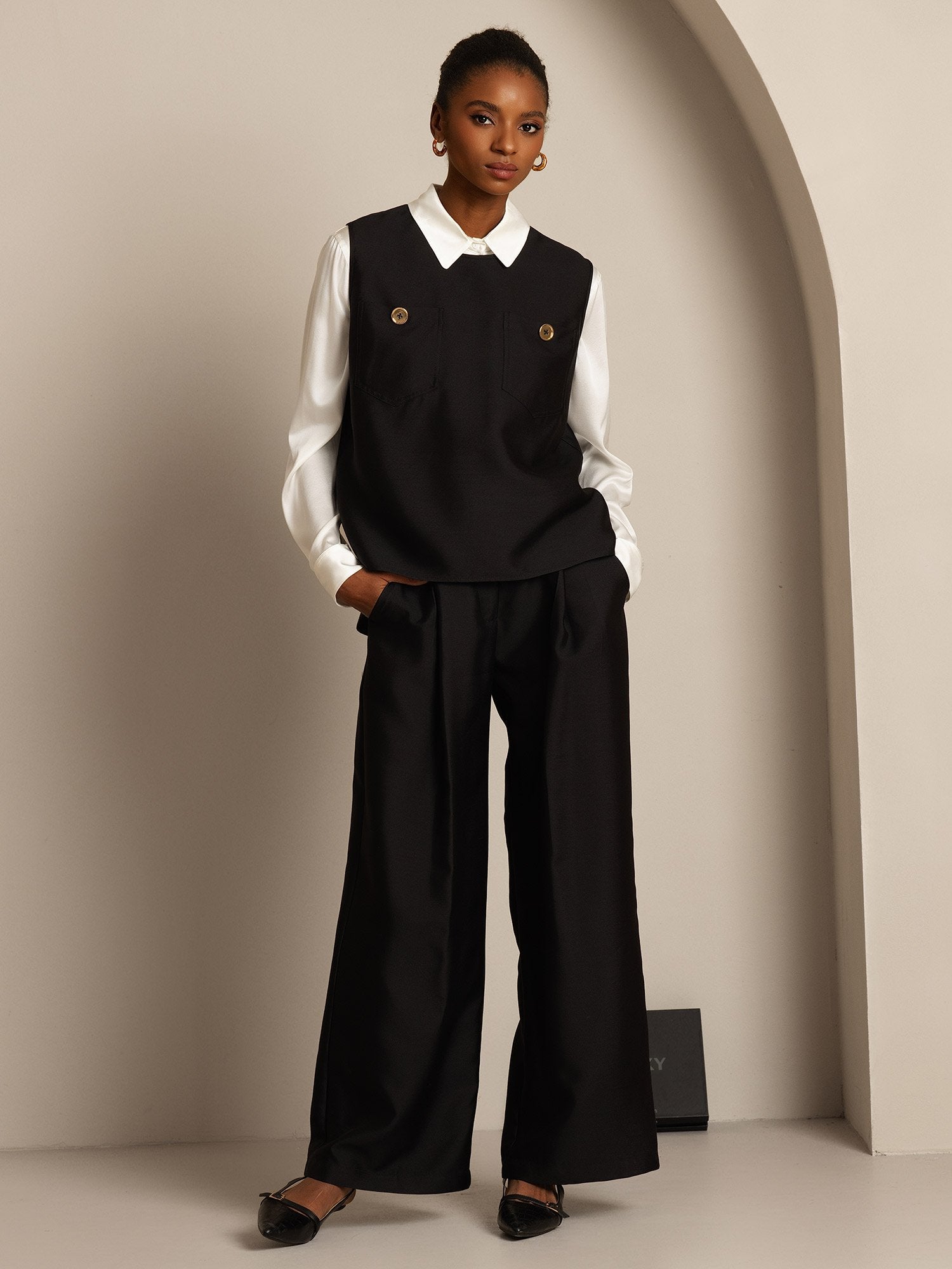 [Black] SilkSilky-CA 32Momme Silk-Wool Blend Womens Vest 003,