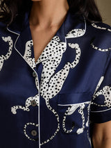 [Navy Cheetah] SilkSilky-CA Short Sleeve Notch Collar Women's Pajamas 006