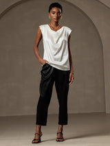 [White] SilkSilky-CA Cap Sleeve Cowl Neck Women's T-Shirt 004