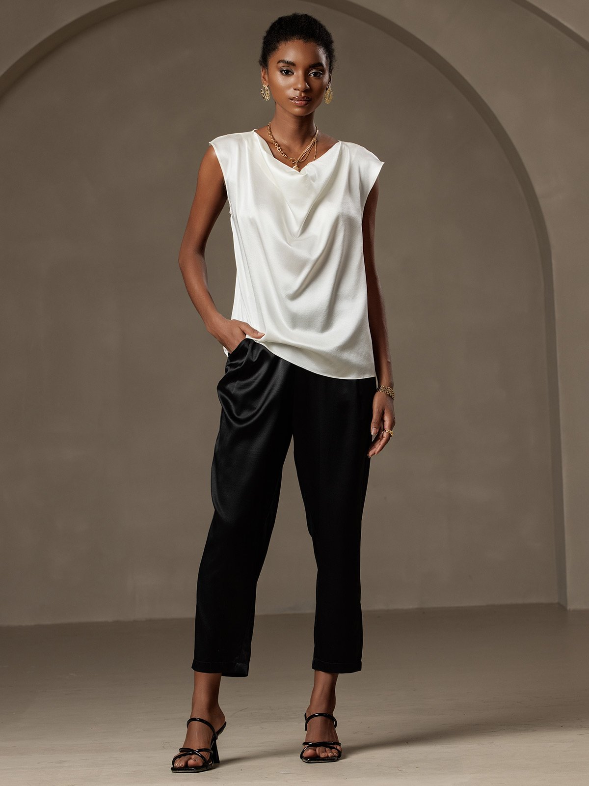 [White] SilkSilky-CA 19Momme Silk Cap Sleeve Cowl Neck Women's T-Shirt 004