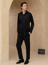 [Black] SilkSilky-CA 19Momme Stretch Silk Charmeuse Long Sleeve Lapel Collar Men's Shirt 007
