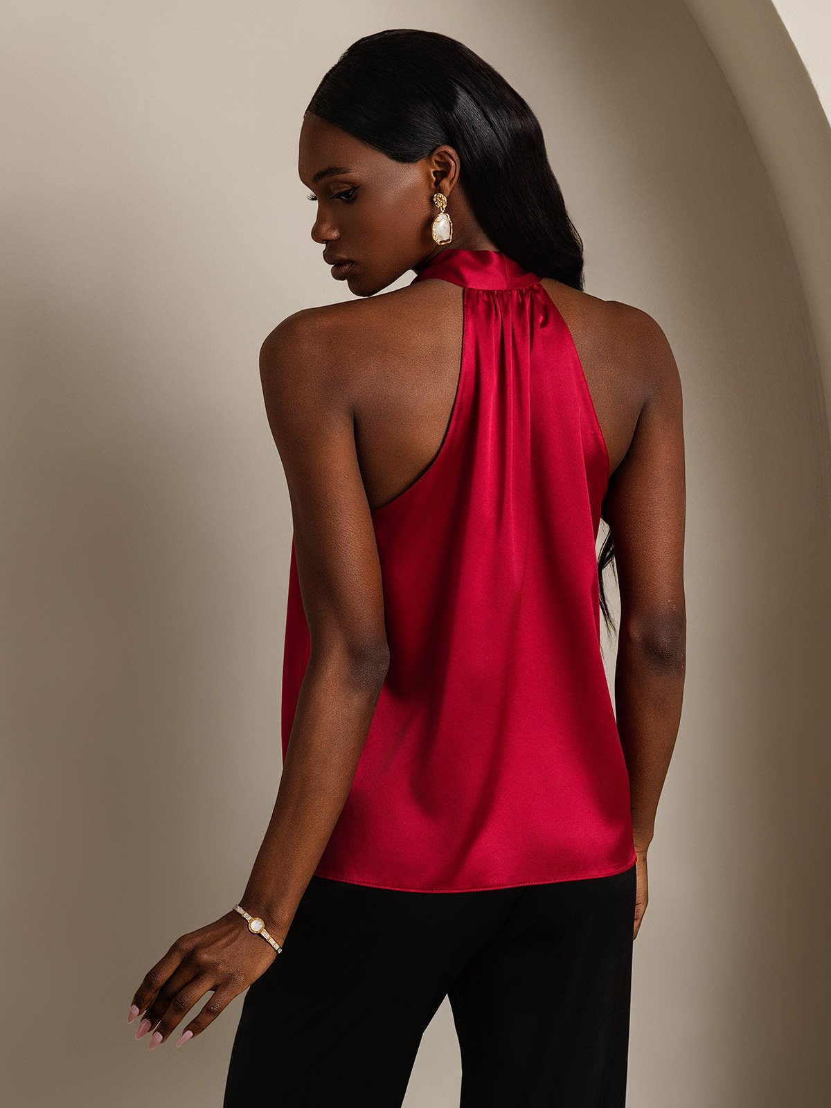 SilkSilky-CA 19Momme Silk Sleeveless Tie Neck Women's Shirt Wine 002