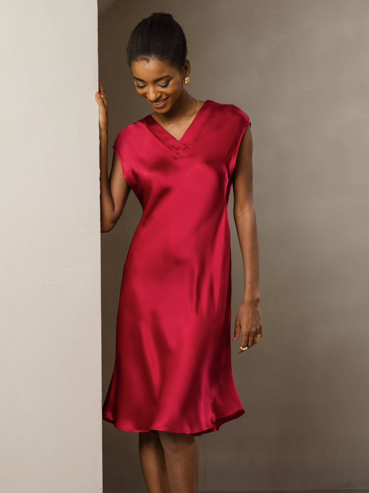 SilkSilky-CA Pure Silk Sleeveless V Neck Dress Wine 007