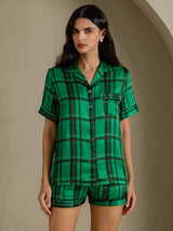 [Green Plaid] SilkSilky-CA Short Sleeve Notch Collar Women's Pajamas 001
