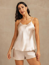 [Beige] SilkSilky-CA Spaghetti Strap V Neck Camisole Set 001