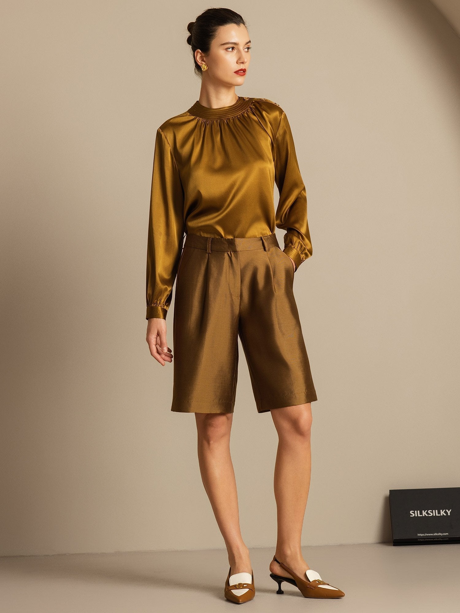 [Bronze] SilkSilky-CA 32Momme Silk-Wool Blend Womens Shorts 008,