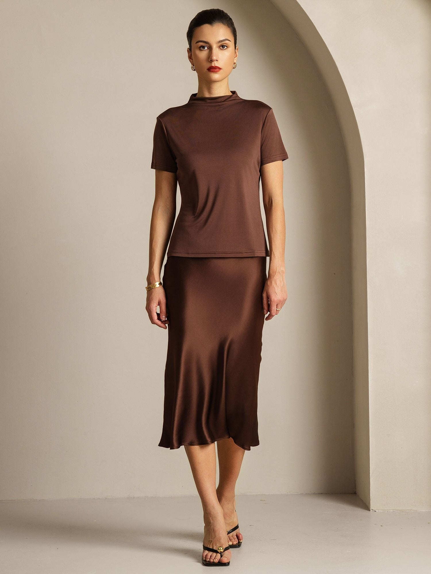 [Coffee] SilkSilky-CA Pure Silk Collar Women's T-Shirt 006