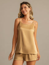 [Tan] SilkSilky-CA 19Momme Machine-Washable Silk Spaghetti Strap Round Neck Camisole Set 005
