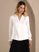 [White] SilkSilky-CA Long Sleeve Split Women's Blouse 003