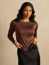 [Coffee] SilkSilky-CA 100% Silk Jersey Long Sleeve Crew Neck Women's T-Shirt 006