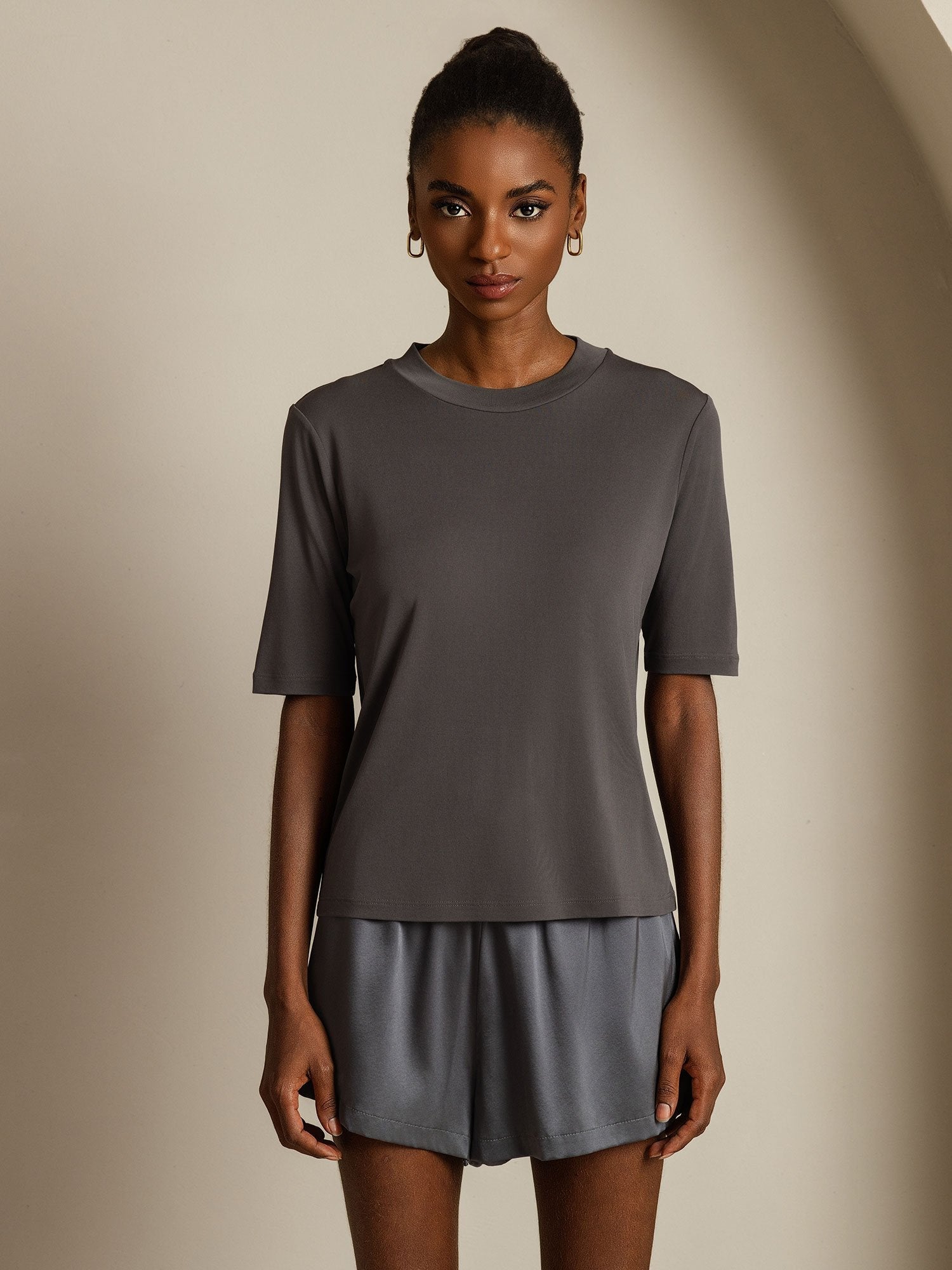 [Gray] SilkSilky-CA Pure Silk Round Neck Women's T-Shirt 003