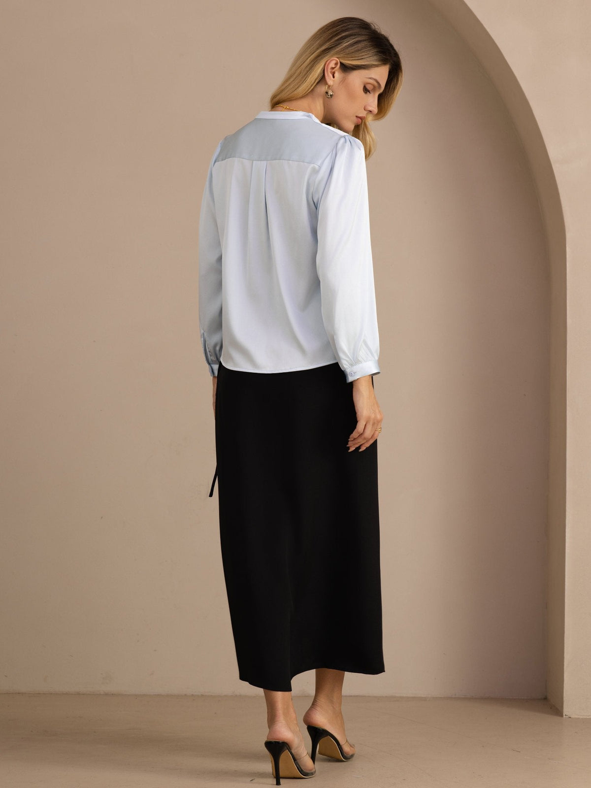 [Light Blue] SilkSilky-CA Long Sleeve Wrap Women's Blouse 002