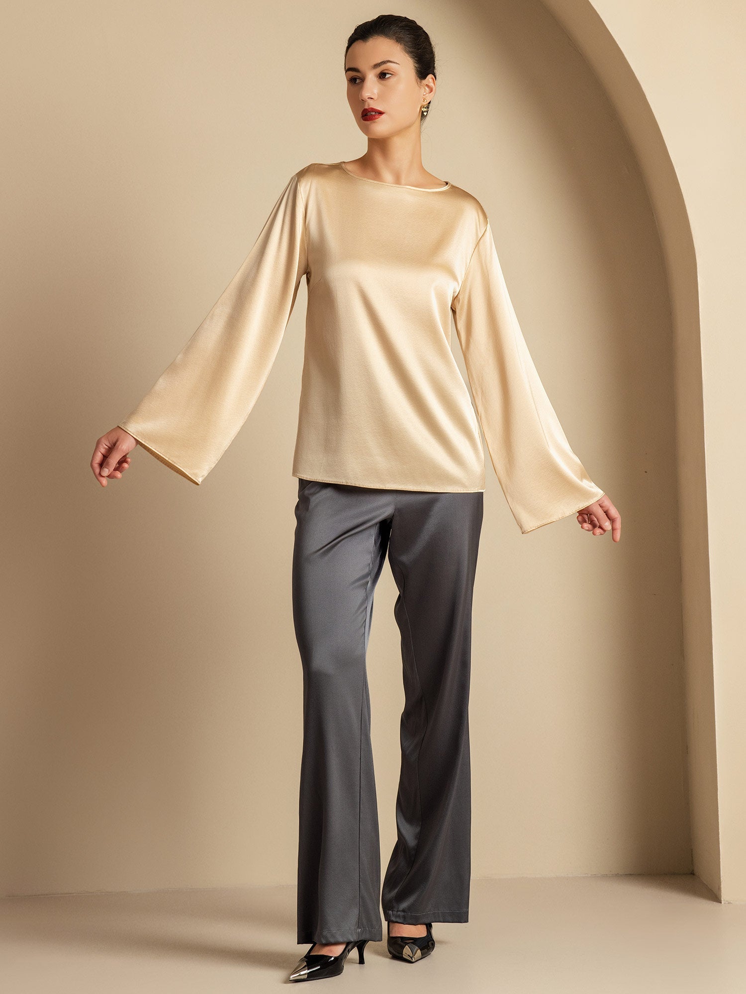 [Champagne] SilkSilky-CA 19Momme Silk Round Neck Women's T-Shirt 008,