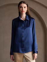 [Dark Blue] SilkSilky-CA Long Sleeve Lapel Collar Women's Shirt 001