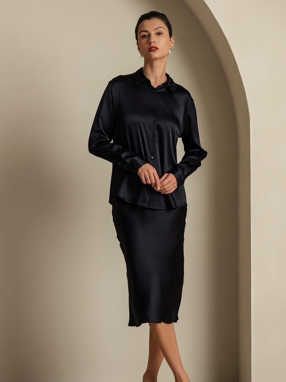 [Black] SilkSilky-CA 19Momme Silk Knitted Lapel Collar Women''s Outfit Sets 007,