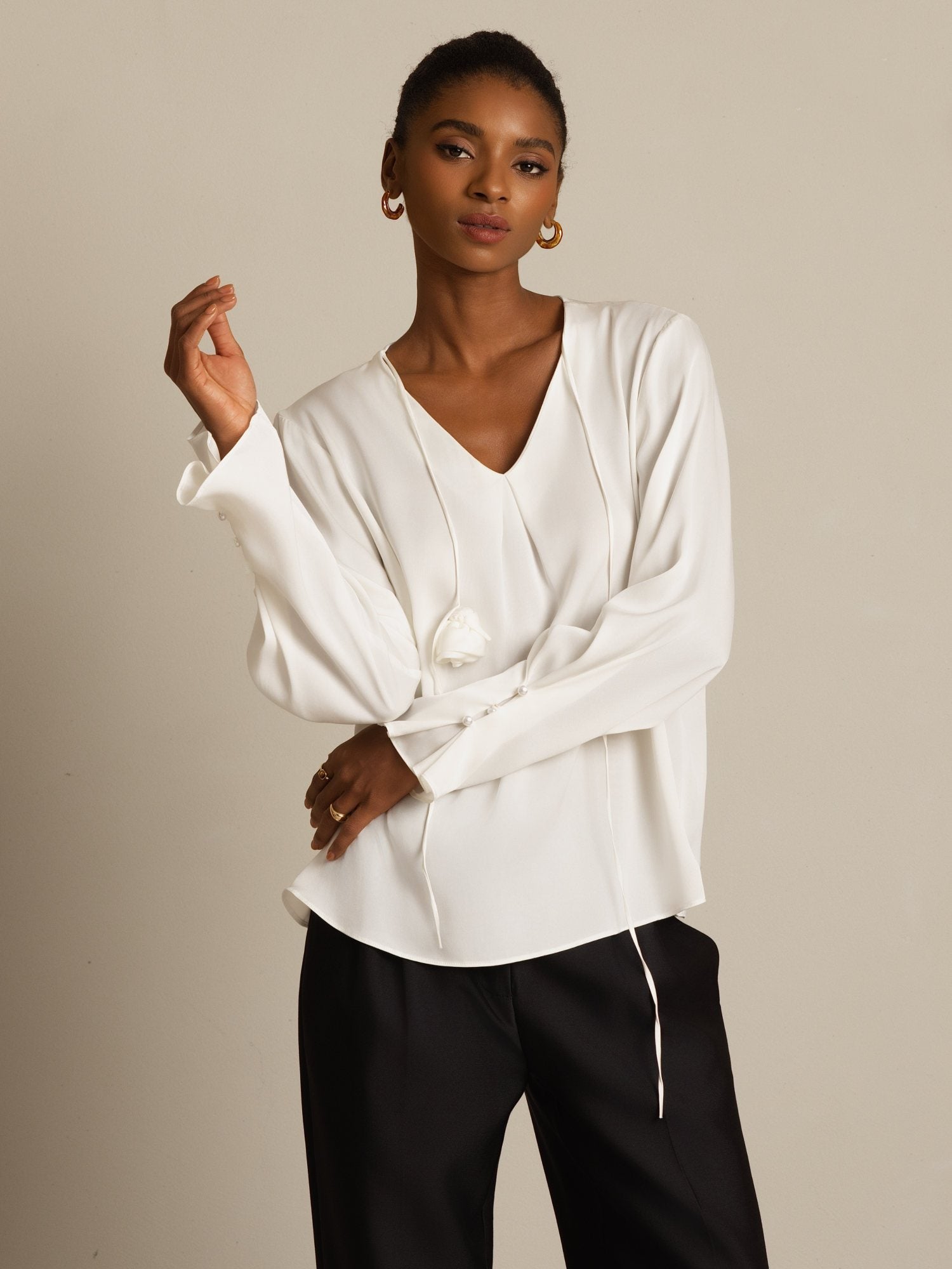 [White] SilkSilky-CA 19Momme Stretch Silk Double Georgette Long Sleeve V Neck Blouse 004