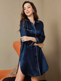 SilkSilky CA Pure Silk 3/4 Sleeve Lapel Nightshirt DarkBlue 006