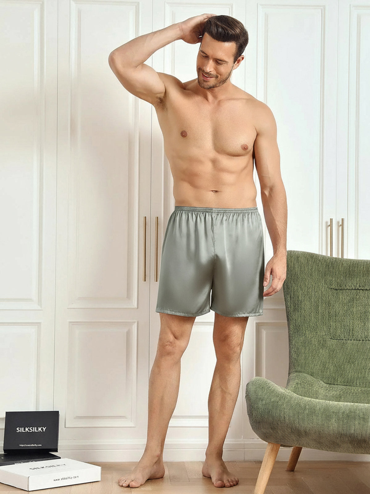 [Grayish Green] SilkSilky-CA Pure Silk Mens Sleep Bottoms 004
