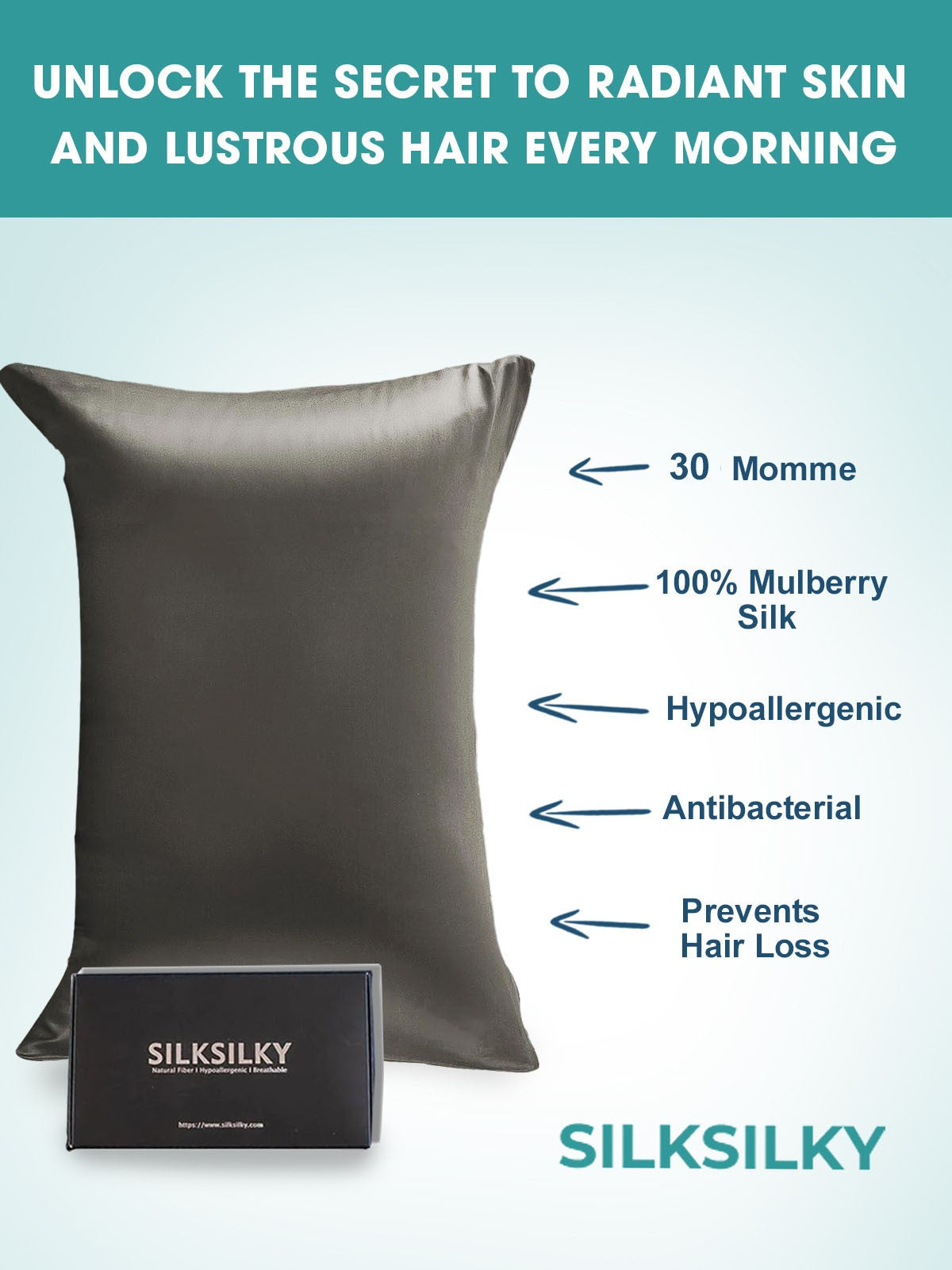 SilkSilky-CA 30Momme Pure Silk Pillowcase DarkGray 003