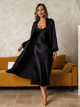 [Black] SilkSilky-CA Long Sleeve V Neck Nightgown&Robe Set 001