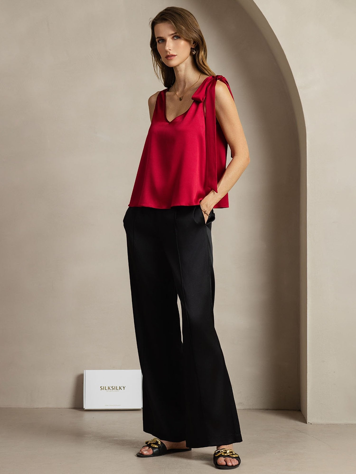 [Wine] SilkSilky-CA 19Momme Silk V Neck Women's T-Shirt 003