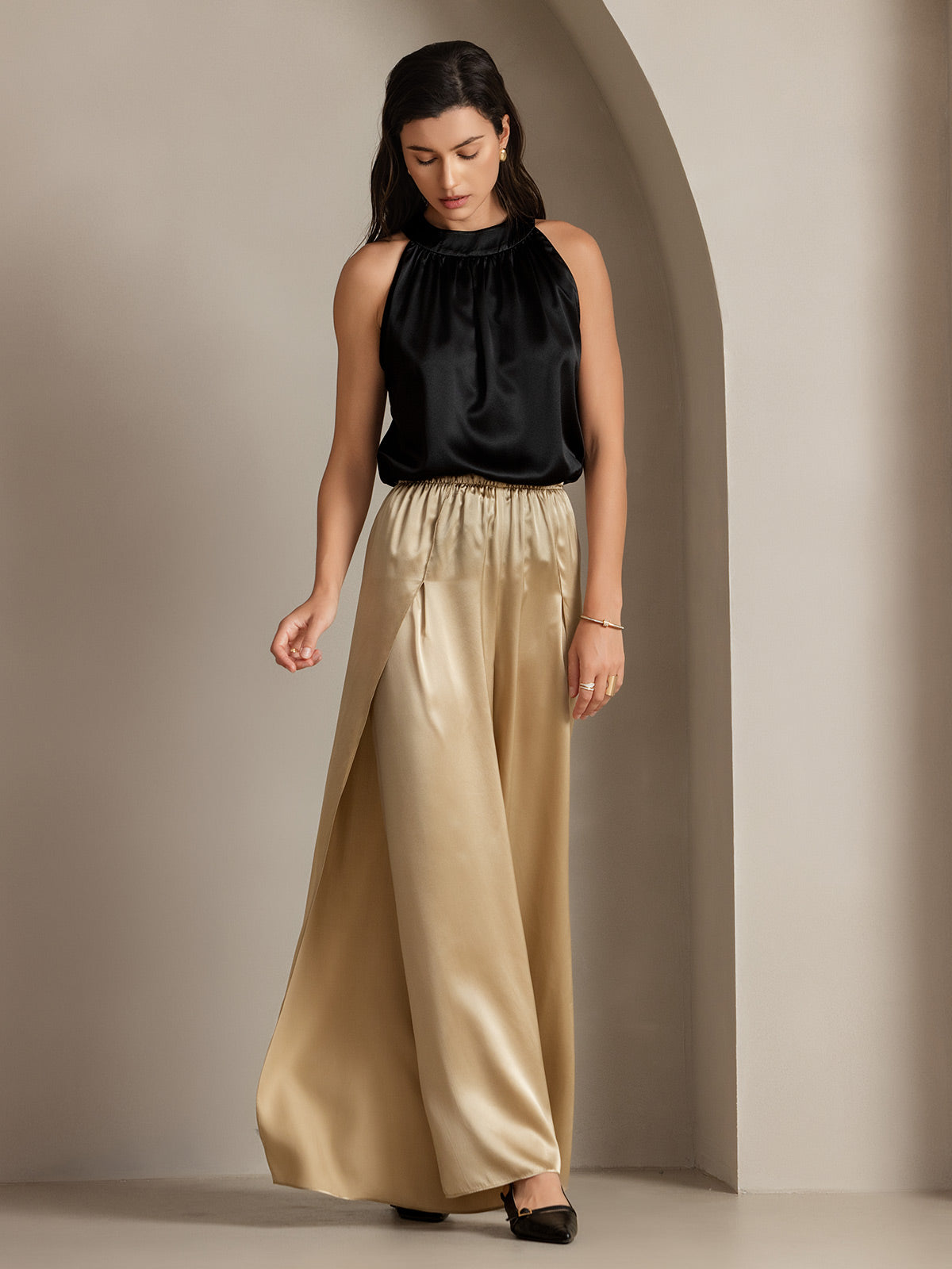 [Champagne] SilkSilky-CA 19Momme Silk Split Women's Pants 008