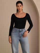 [Black] SilkSilky-CA Long Sleeve U Neck Women's T-Shirt 004