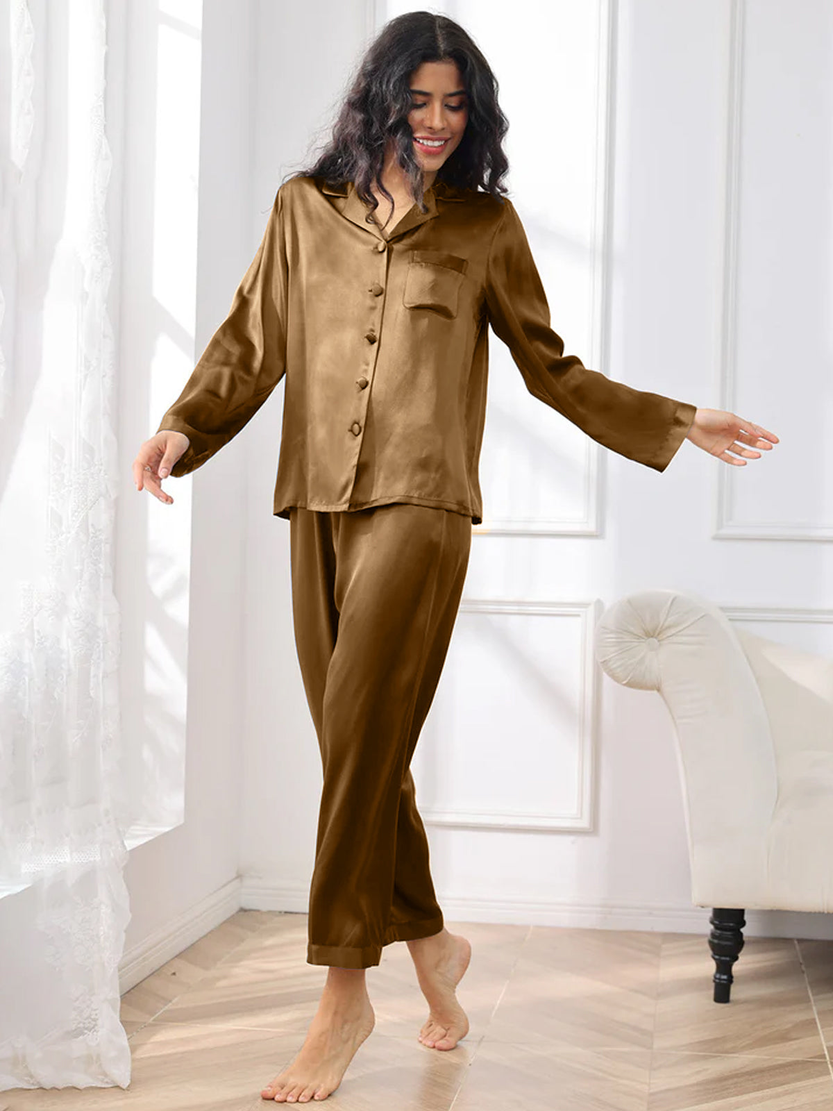 [Brown] SilkSilky-CA Pure Silk Notch Collar Women's Pajamas 003,