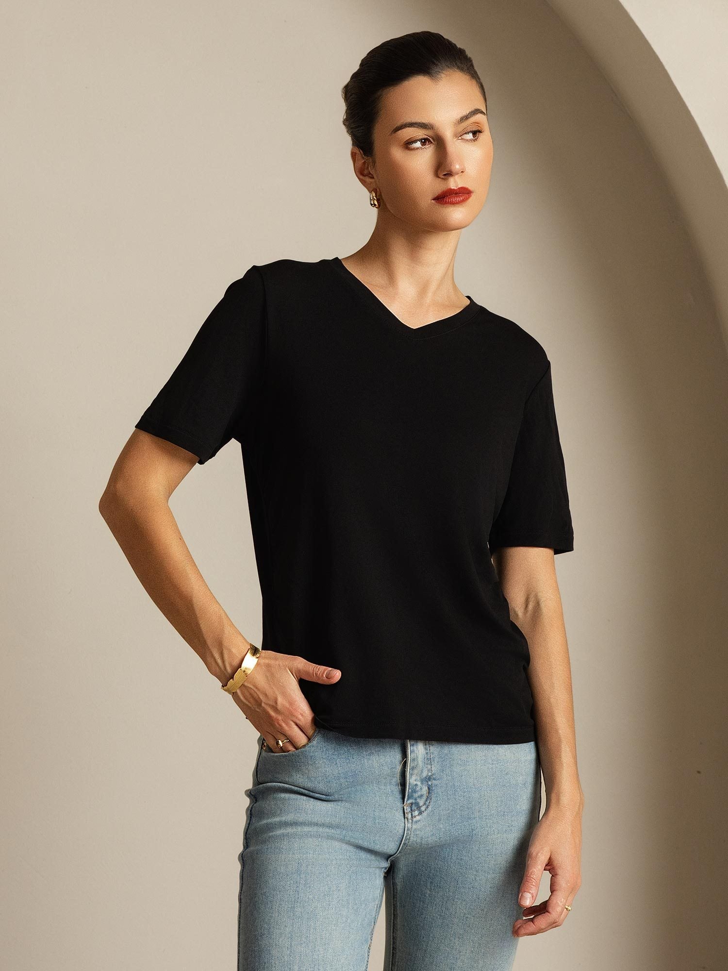 [Black] SilkSilky-CA Pure Silk V Neck Women's T-Shirt 007