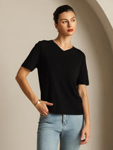 [Black] SilkSilky-CA 100% High-Twist Silk Jersey Short Sleeve V Neck Women's T-Shirt 007