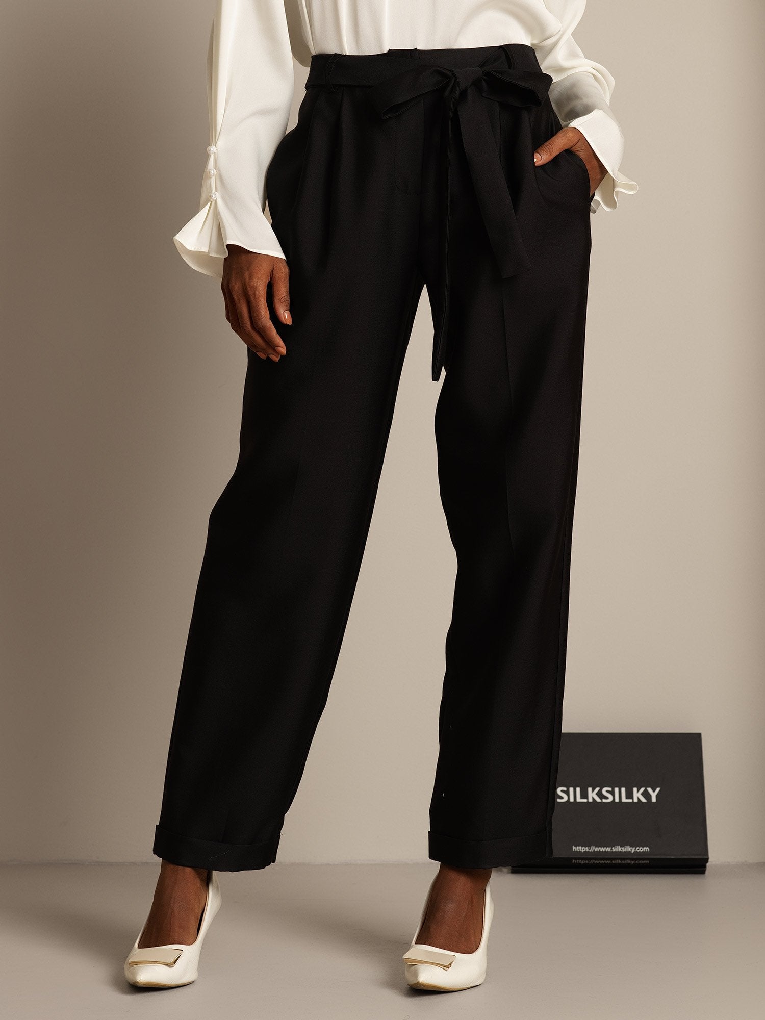 [Black] SilkSilky-CA 32Momme Silk-Wool Blend Womens Pants 001,