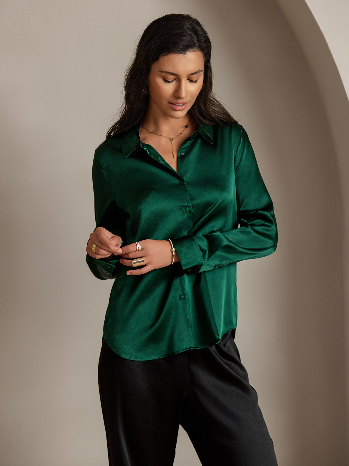 [Dark Green] SilkSilky-CA Silk Long Sleeve Lapel Collar Women's Shirt 007