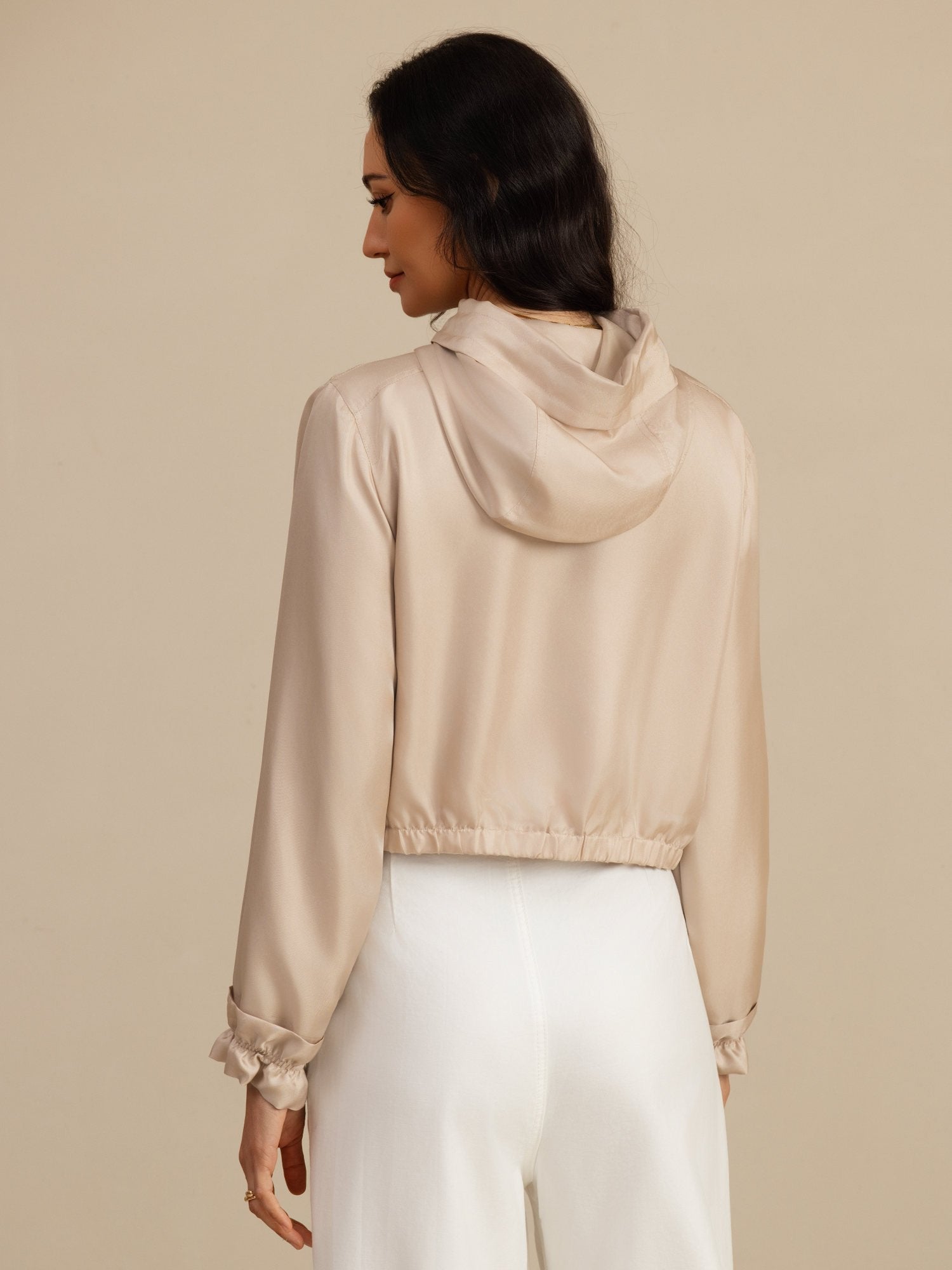 [Tan] SilkSilky-CA 18Momme Silk Satin Surah Long Sleeve High Neck Women's Outerwear 002