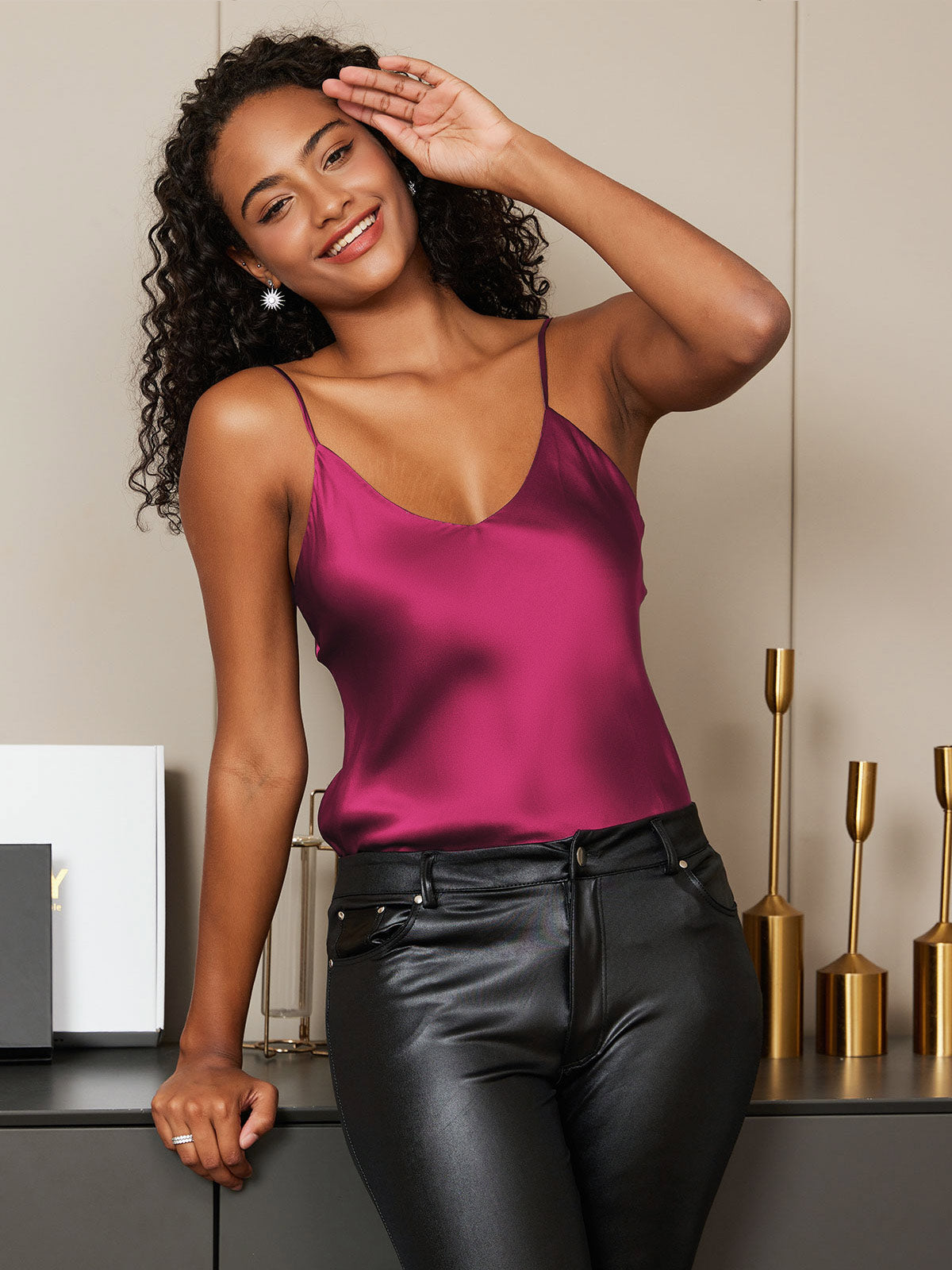 [Fuchsia] SilkSilky-CA Pure Silk Sleeveless V Neck Camisole 001