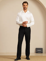 [White] SilkSilky-CA 19Momme Stretch Silk Charmeuse Long Sleeve Lapel Collar Men's Shirt 008