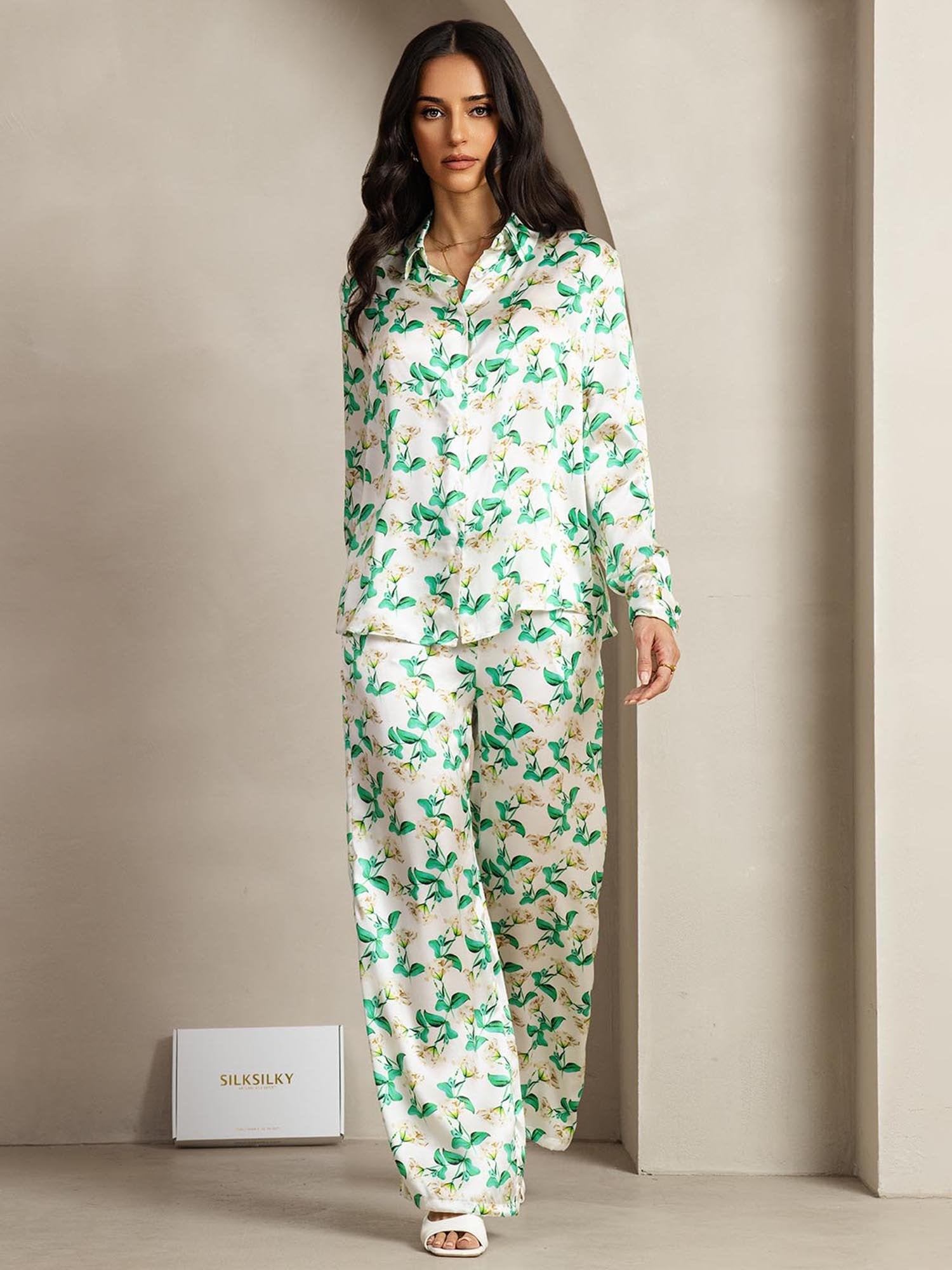 [GreenFloral] SilkSilky-CA 19Momme Silk Lapel Collar Women''s Outfit Sets 002