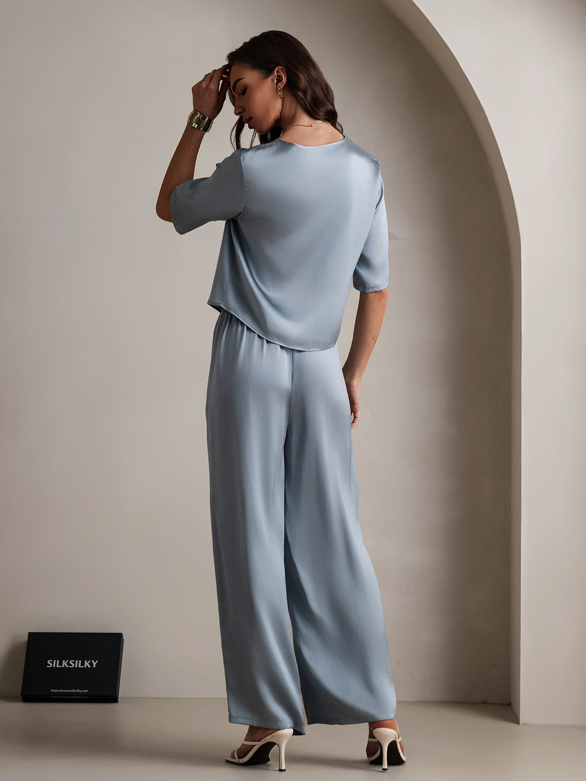 [Grayish Blue] SilkSilky-CA Pure Silk Round Neck Women's Pajamas 002