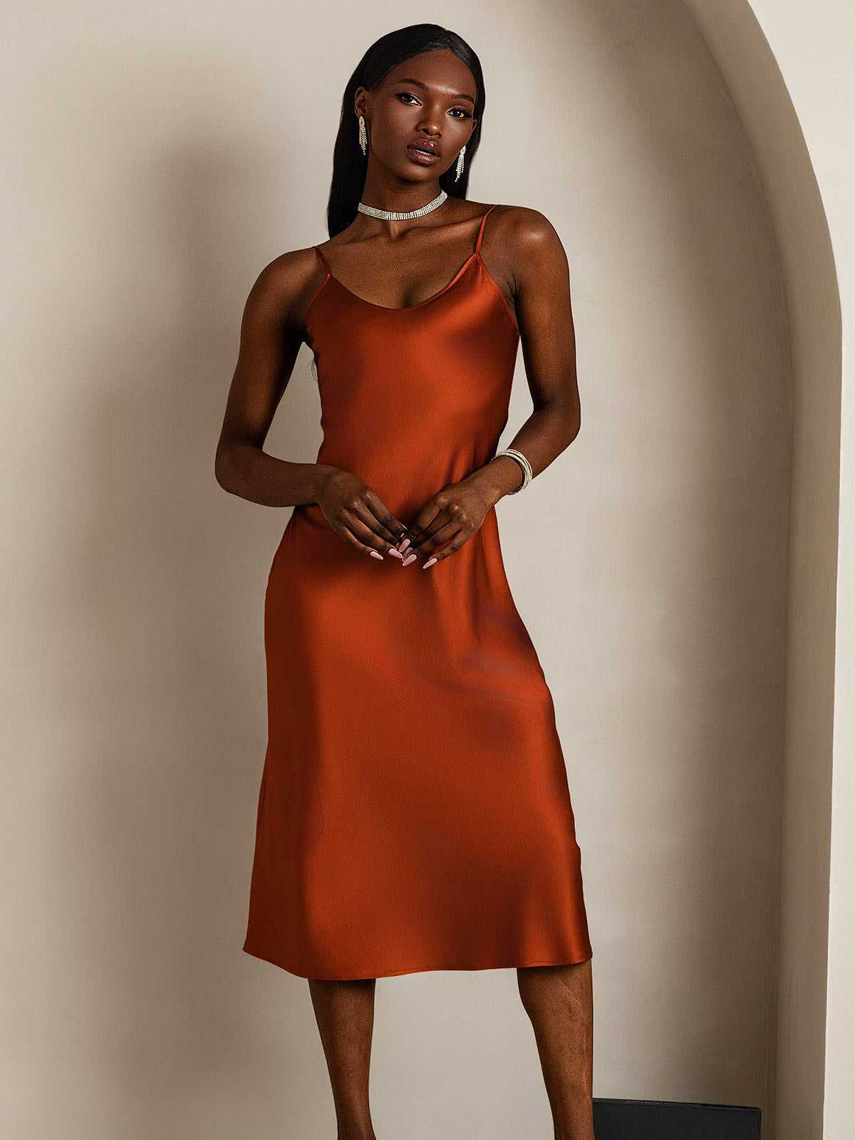 SilkSilky-CA Pure Silk Sleeveless Round Neck Dress Caramel 003