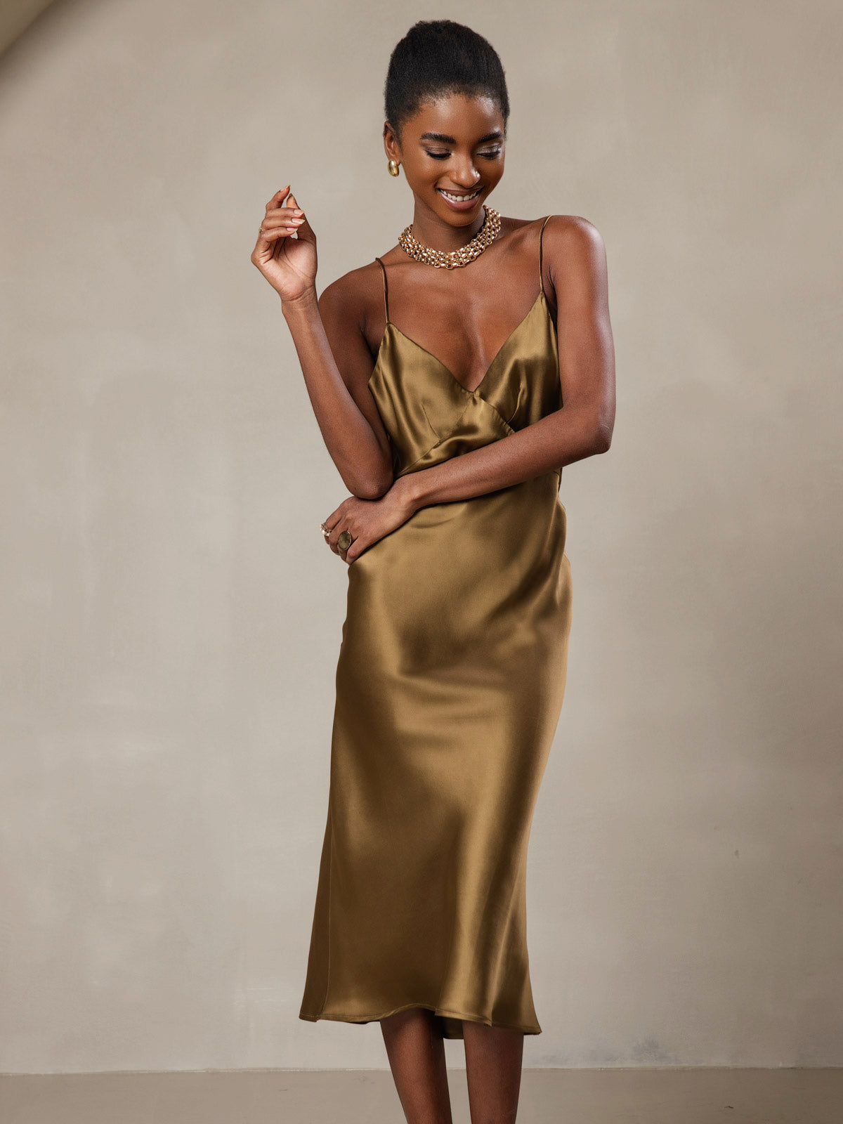 [Brown] SilkSilky-CA 19Momme Pure Silk V Neck Dress 001