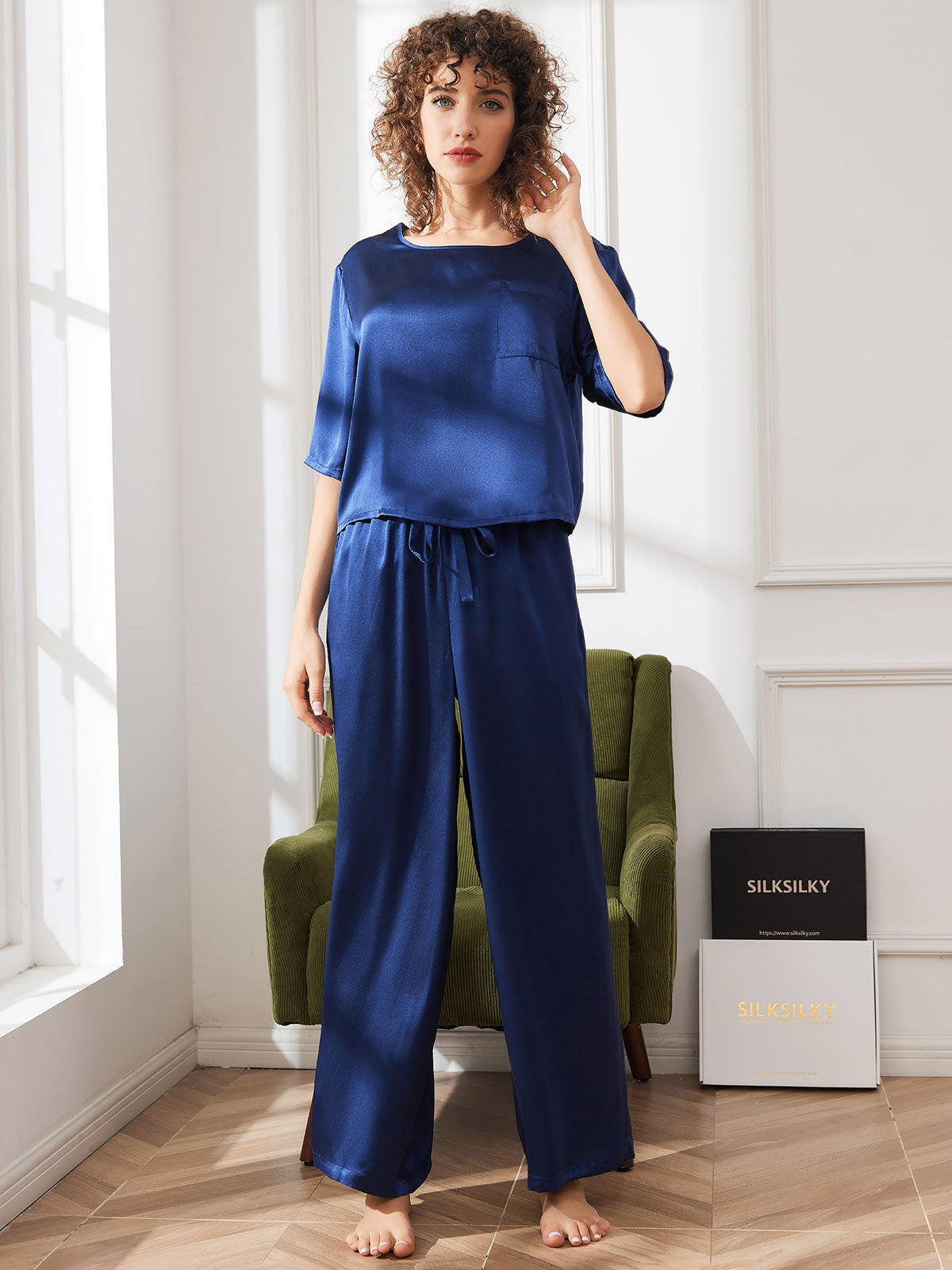 [Dark Blue] SilkSilky-CA Pure Silk Half Sleeve Round Neck Women's Pajamas 003