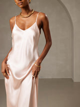[Pink] SilkSilky-CA Spaghetti Strap V Neck Dress 005