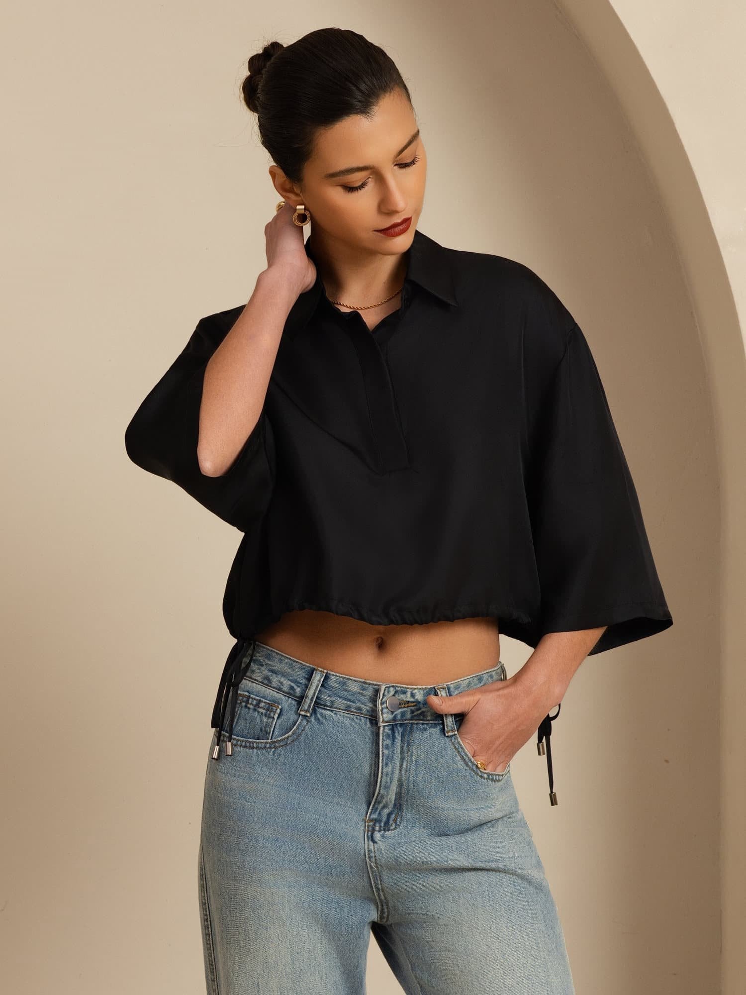 [Black] SilkSilky-CA 18Momme Silk Satin Surah Half Sleeve Lapel Collar Blouse 005