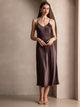 [Coffee] SilkSilky-CA Spaghetti Strap V Neck Dress 005