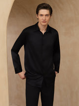 [Black] SilkSilky-CA 19Momme Stretch Silk Charmeuse Long Sleeve Lapel Collar Men's Shirt 003