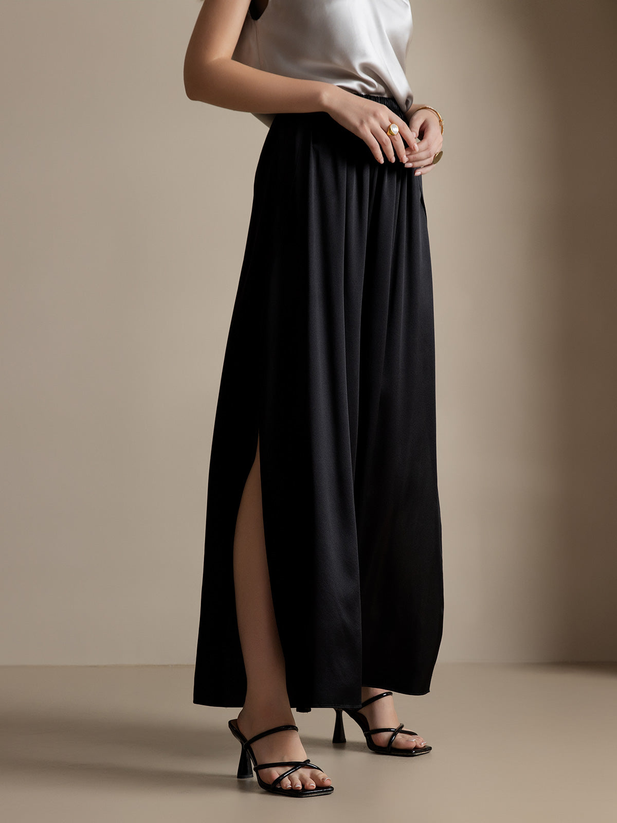 [Black] SilkSilky-CA 19Momme Silk Split Women's Pants 004