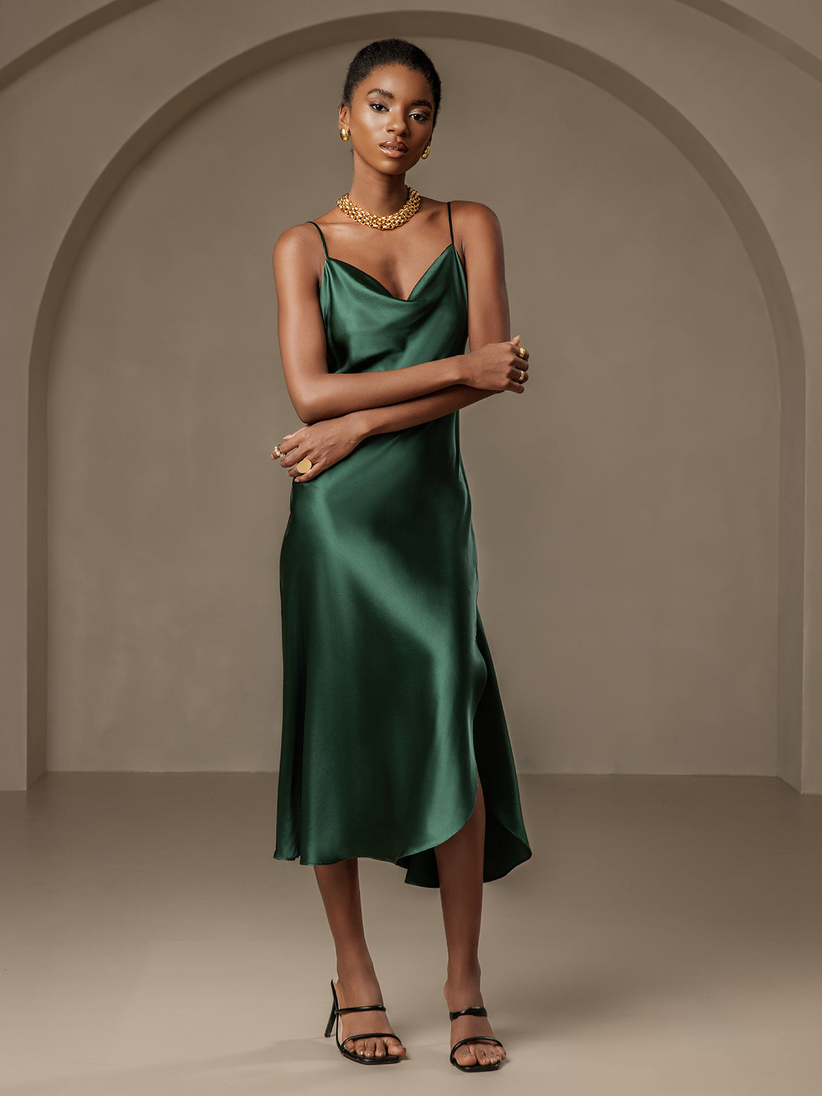 [Dark Green] SilkSilky-CA 19Momme Pure Silk Cowl Neck Dress 005