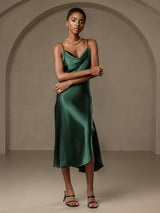 [Dark Green] SilkSilky-CA Spaghetti Strap Cowl Neck Dress 005