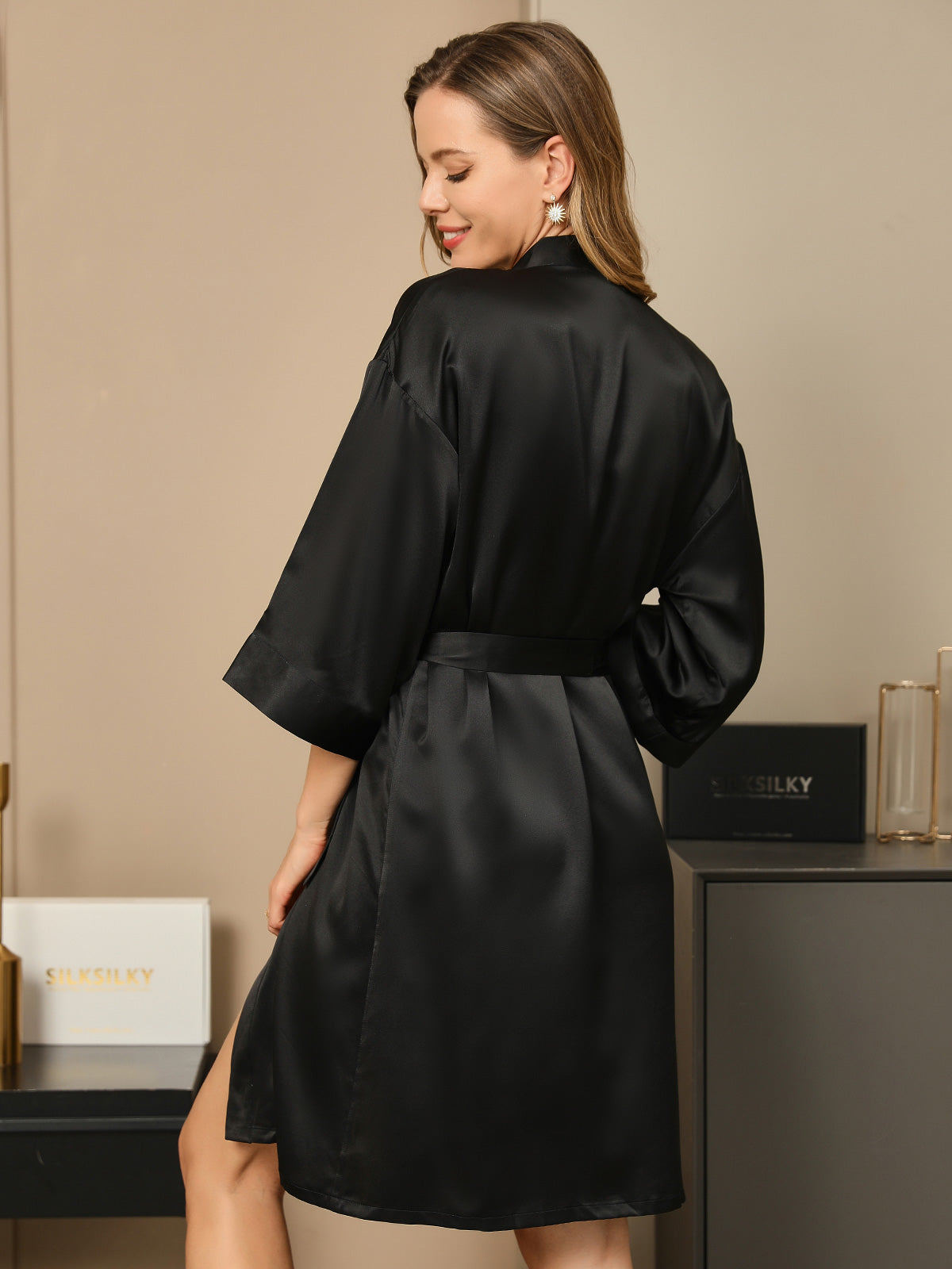 [Black] SilkSilky-CA Pure Silk 3/4 Sleeve Wrap Women's Robe 002