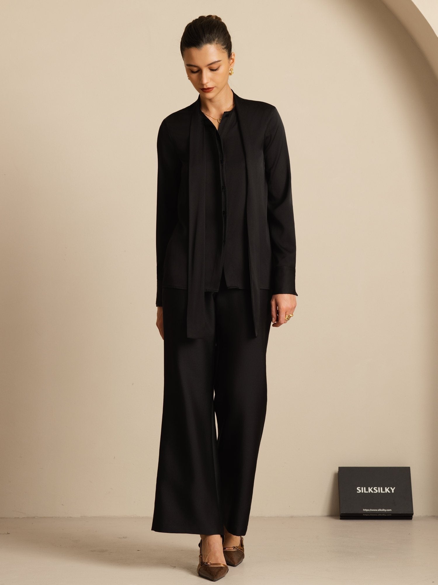 [Black] SilkSilky-CA 19Momme Stretch Silk Charmeuse Long Sleeve Tie Neck Blouse 003